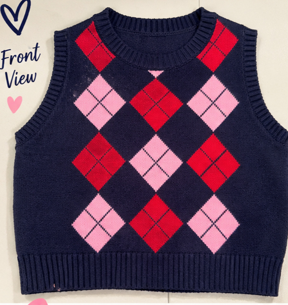 Women's Argyle Sweater Vest Red Pink Dark Gray Knit Sleeveless